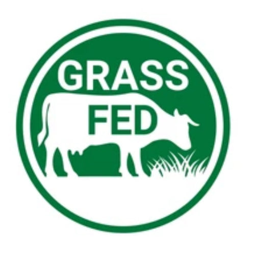 A green and white circular badge with GRASS FED over a cow by grass highlights winterscattleranch Grass fed Grass finished Hamburger Patties 1/3lb (8 pack), known for being rich in omega-3 fatty acids.