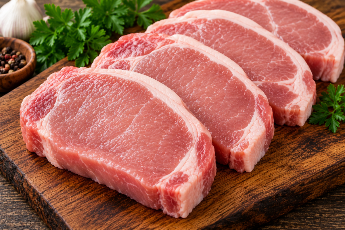 Four raw, boneless Organic Raised Pork chops (4 pack)Boneless arranged on a wooden cutting board with sprigs of parsley.