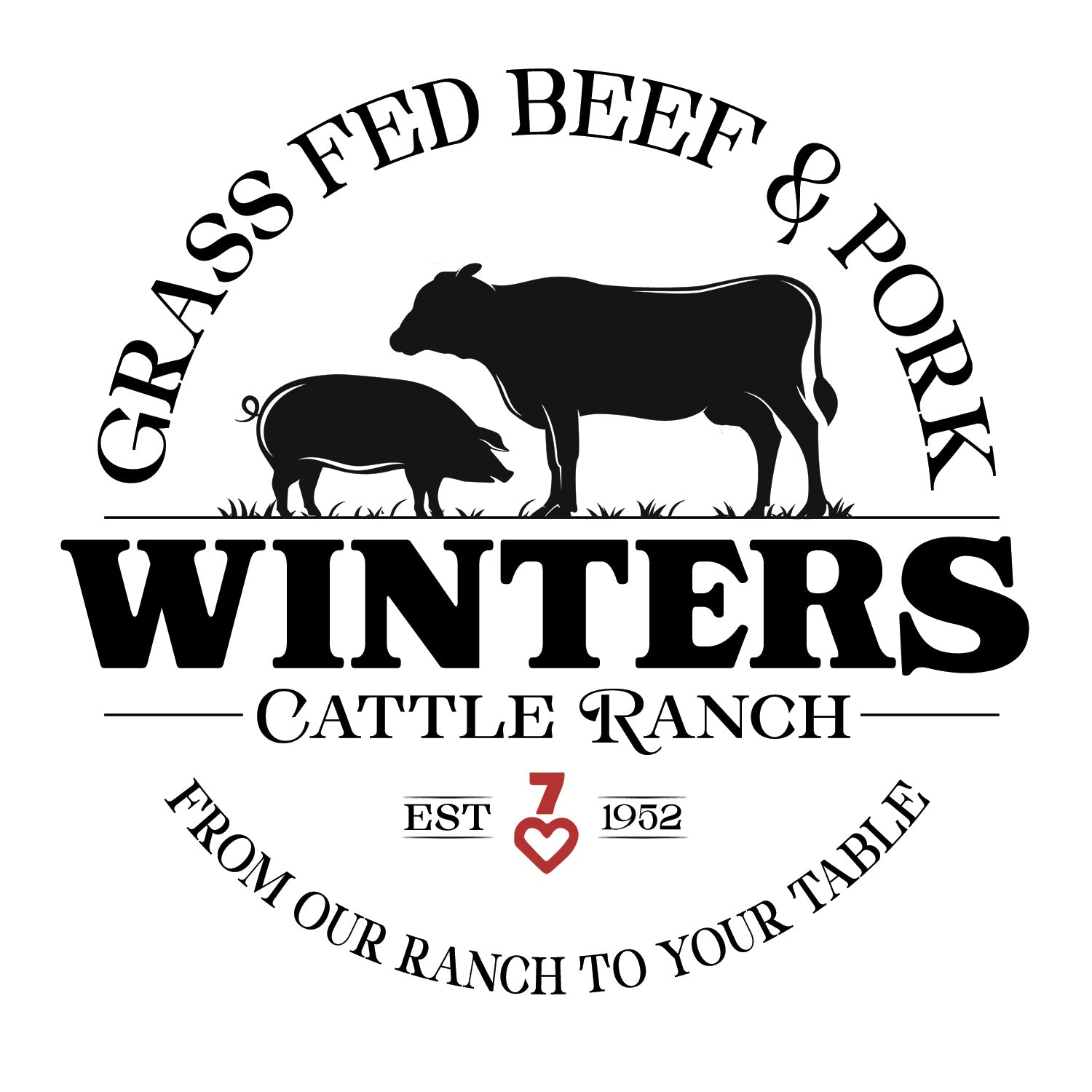Logo for Winters Cattle Ranch featuring silhouettes of a cow and pig, with the text Grass Fed Beef & Pork, Winters Cattle Ranch, Est 1952, and From Our Ranch to Your Table.