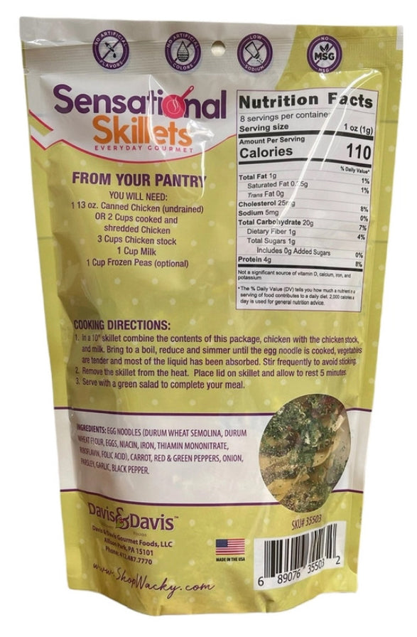 The back of the Winters Ranch, LLC Chicken Pot Pie Skillet package shows this easy one-pot meal, with a colorful design, logos, resealable top, pantry items needed, cooking instructions, nutrition facts, and ingredient list.