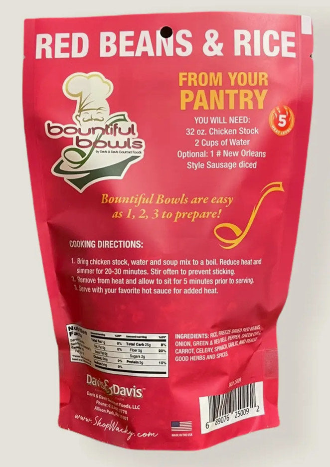 A red package of Winters Ranch, LLC Red Beans & Rice mix shows cooking directions, needed ingredients, and brand details. This gluten free soup mix features “from your pantry” and clear prep steps on the back.