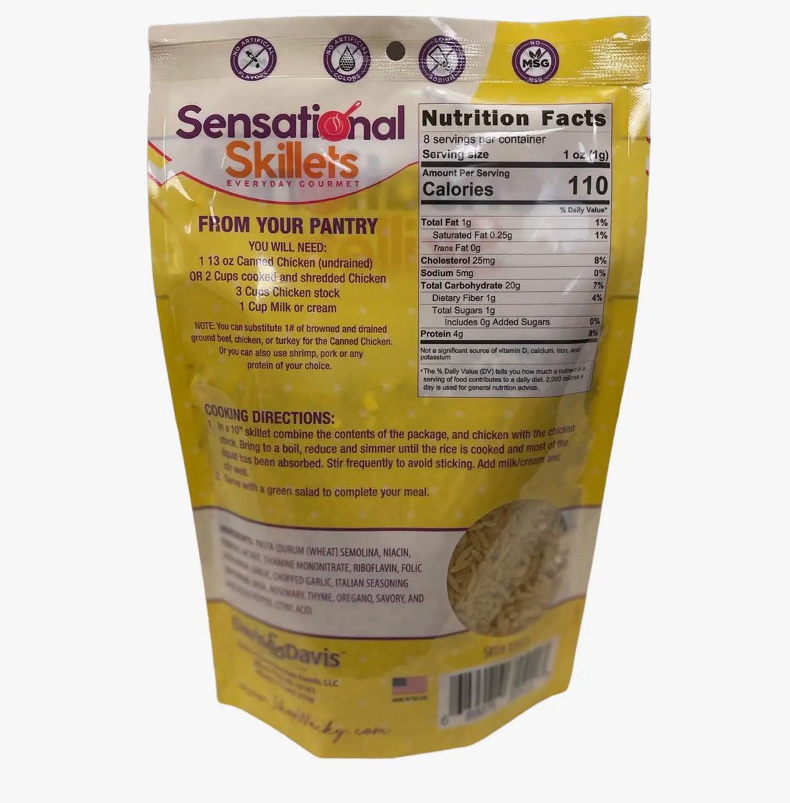 Back of a Winters Ranch, LLC Weeknight Lemon Orzo Skillet package displays nutrition facts, pantry ingredients, cooking directions, and an ingredients list on a yellow background. The family favorite skillet is shown upright with a partially transparent bottom.