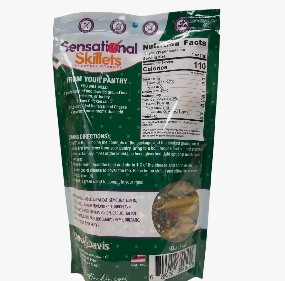 Back view of a Winters Ranch, LLC Weeknight Philly Cheesesteak Skillet package displaying nutrition facts, cooking instructions, ingredients, and company info on a mainly green and white label with visible dried pasta inside the bag.