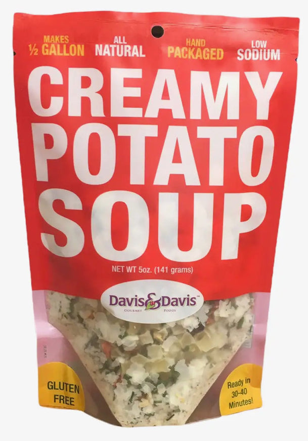 A red and white package of Winters Ranch, LLC Creamy Potato Soup mix—gluten free, all natural, low sodium, no MSG, hand packaged—makes ½ gallon in 30-40 minutes. Homemade soup mix is visible at the bottom.