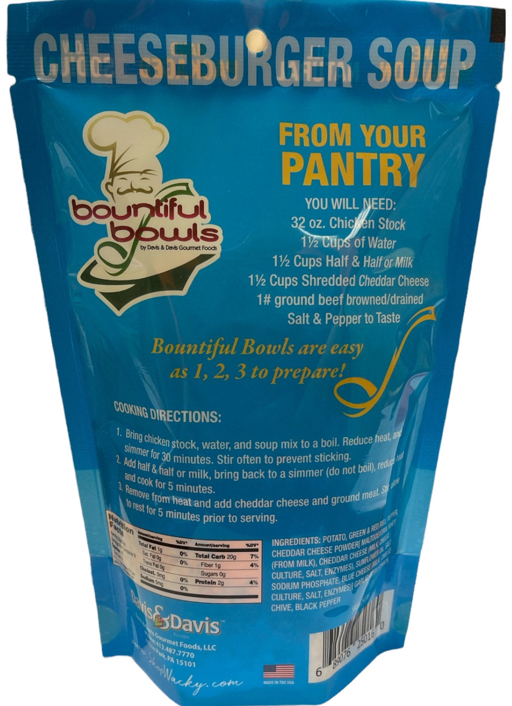A blue package of Winters Ranch, LLC Cheeseburger Soup mix displays the cooking instructions and ingredients on the back. The chef logo notes this homemade soup mix’s convenience and that it’s gluten free.