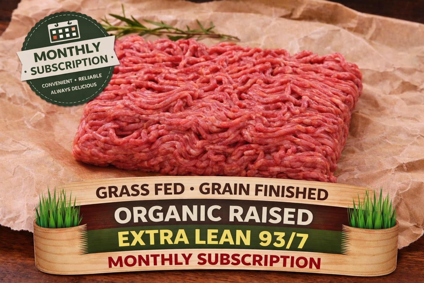A square of winterscattleranch Extra Lean Premium Organic Raised, Free-Range Ground Beef sits on parchment with rosemary, promoting a 20 lb monthly subscription—organic, pasture-raised, antibiotic-free 93/7 ground beef.