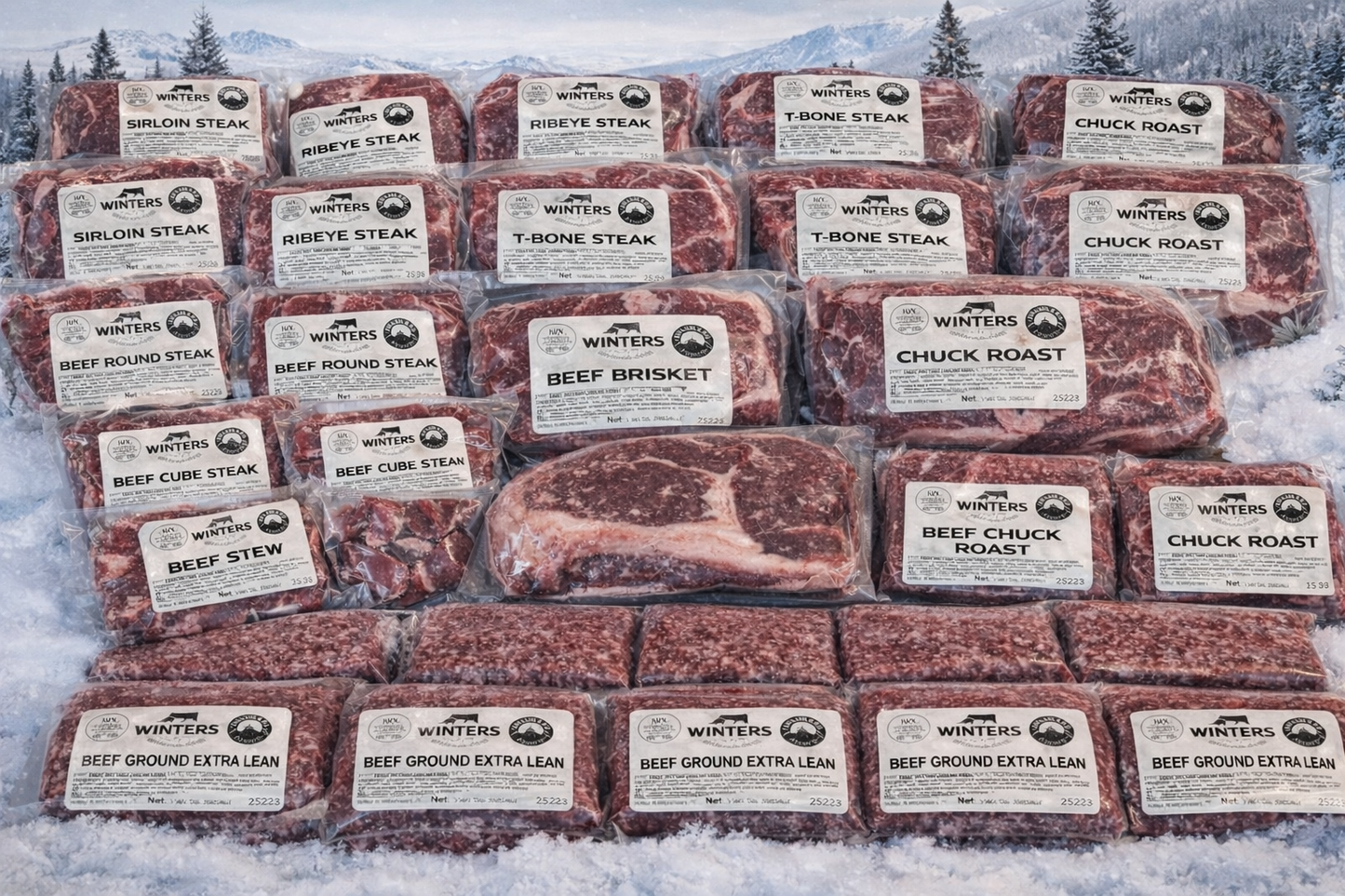 Winterscattleranch Premium Organic Raised, Free-Range Grazing-Beef box (1/4 beef, Small bundle, 75 lbs) features assorted cuts—steaks, roasts, stew meat, and ground beef—displayed outdoors with snowy pines and mountains in the background.