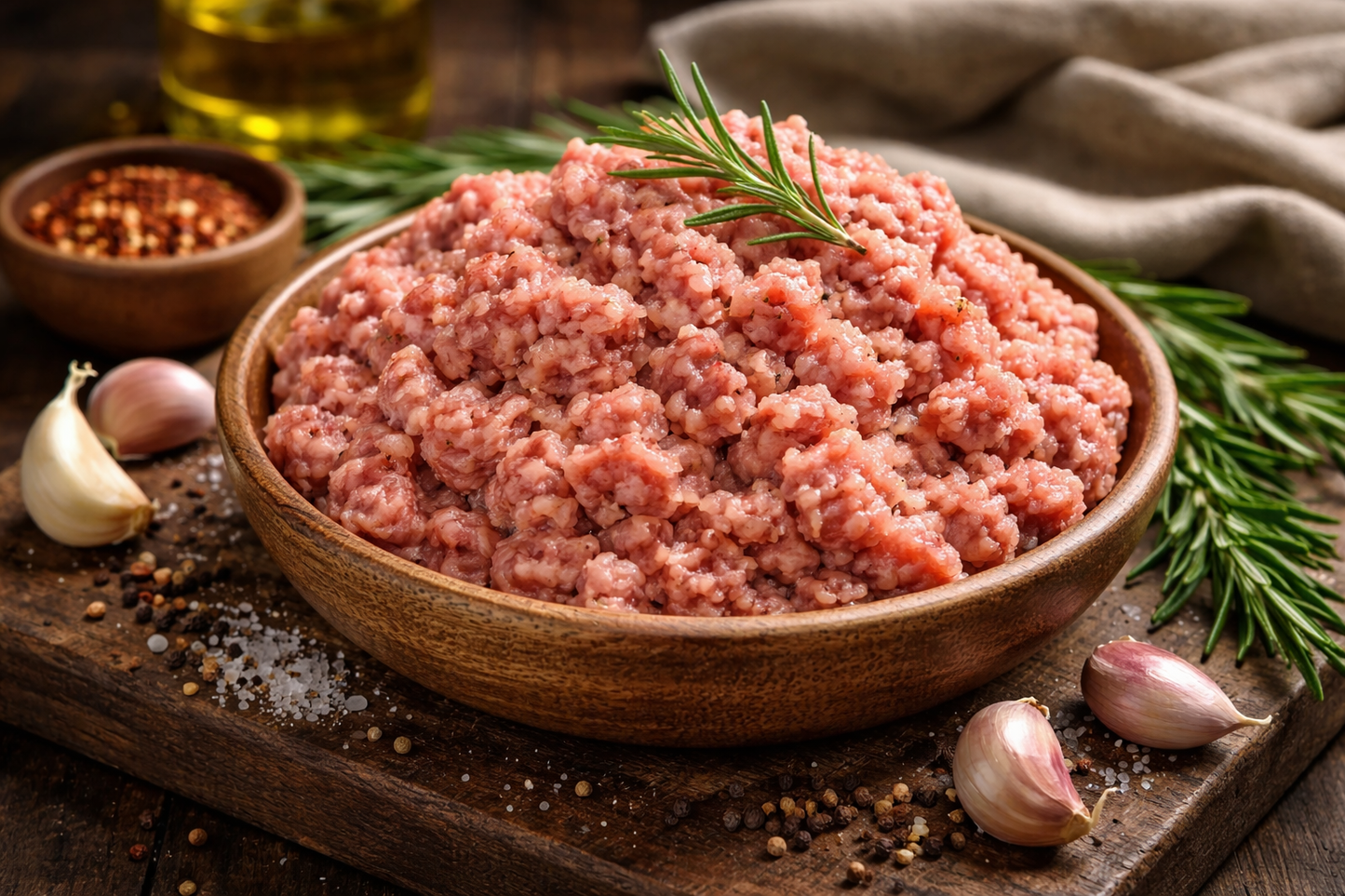 Winters Cattle Ranch Ground Pork & Sausage is presented in a wooden bowl with rosemary, surrounded by garlic cloves, salt, pepper, extra rosemary, and a small bowl of red pepper flakes on a rustic wooden surface.