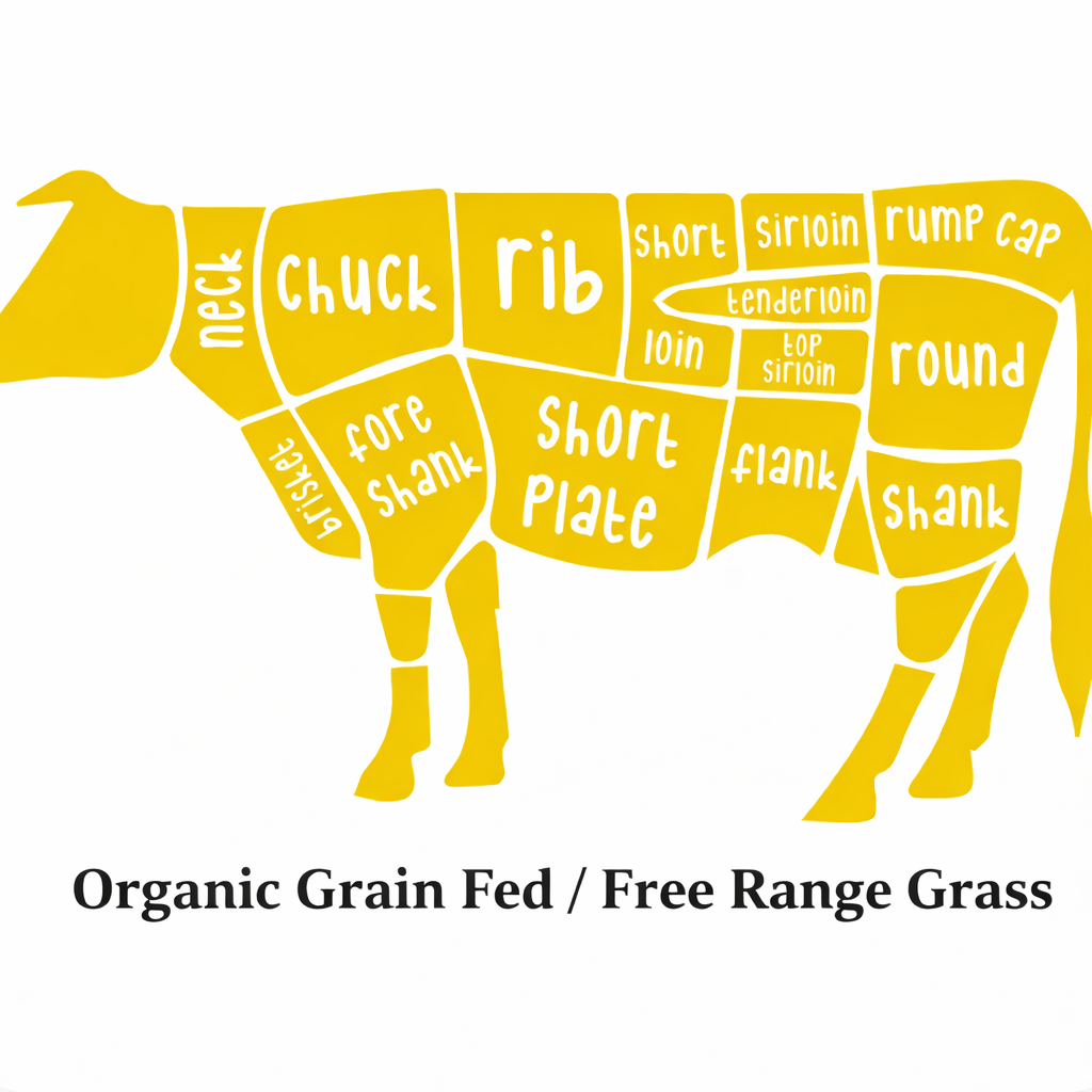 An illustrated yellow cow with labeled beef cuts, including chuck, rib, loin, and round. Below the image is the text: “Premium Organic Raised / Free-Range Grazing Beef – Grain Finished 60/90 days.” Offered by winterscattleranch, this 1/2 Beef Side is available at $10.50/lb hanging weight (customer pays processing fee), with free home delivery. The deposit is non-refundable but credited back when you are charged for hanging weight—ideal for those exploring whole beef deposit options or wanting to learn more