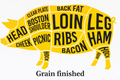 Diagram of a pig with labeled cuts of meat, including head, cheek, shoulder, picnic, clear plate, loin, ribs, bacon, back fat, leg, ham, and hock. Featuring high-quality Natural Pasture/Grain Finished Pork IPP from winterscattleranch. The text “Grain finished” appears at the bottom.