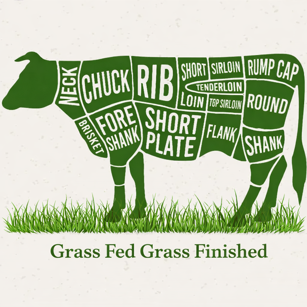 Illustration of a cow standing on grass, with labeled beef cuts including rib, chuck, loin, brisket, and shank. Text below states “Grass Fed Grass Finished.” This graphic showcases winterscattleranch’s Organic Raised Free Range Grazing Whole Beef Side—premium grass fed beef from Colorado. Non-refundable deposit of $10.75/lb (credited back upon hanging weight charge). Free home delivery included.
