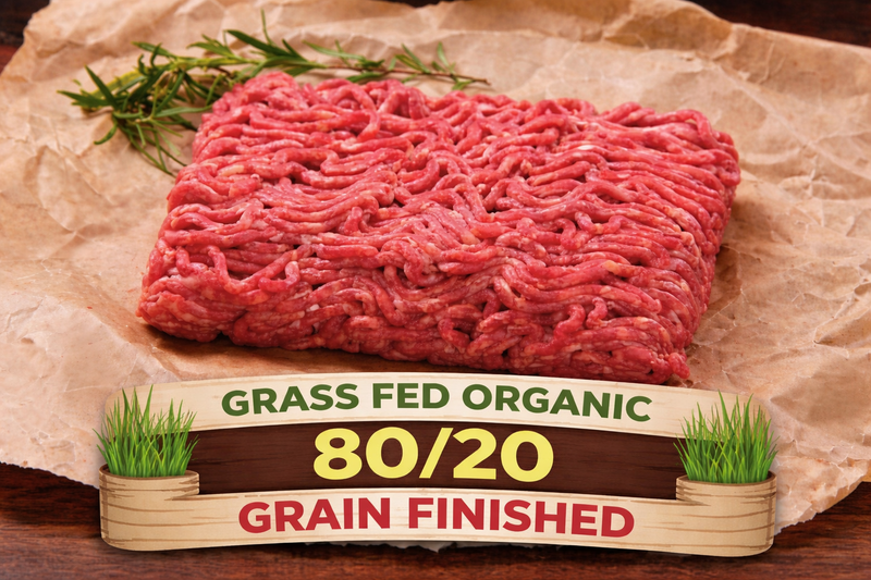 A portion of winterscattleranch 80/20 Grass-Fed/Organic Grain Finished Ground Beef rests on parchment with rosemary. A label reads: Grass-Fed Organic, 80/20, Grain Finished. Available in bundles from 5 to 60 lbs.