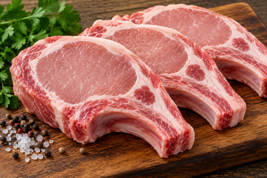Three raw, juicy Organic Raised Pork chops (4 pack)Bone in on a wooden cutting board with peppercorns, sea salt, and a sprig of parsley.