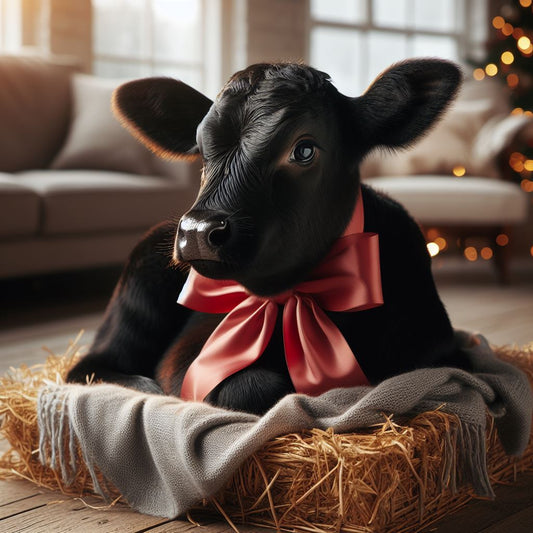 A black calf with a pink bow rests on a gray blanket over straw in a cozy living room, warm light and a blurred Christmas tree behind it—a perfect gift of choice this holiday season: the Winters Ranch Gift Card by Winters Ranch, LLC.