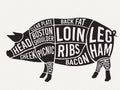 Diagram of a winterscattleranch Organic care Pasture Raised IPP 1/2 pork ($7/lb hanging weight, $100 non-refundable deposit) showing labeled meat cuts, including head, cheek, clear plate, Boston shoulder, picnic, ribs, back fat, loin, bacon, leg, ham, and hock on the front and back legs.
