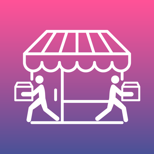 White line art of two stick figures carrying boxes, entering and leaving a shop with an awning, on a pink-to-purple gradient background. Pickup In Store by Winters Cattle Ranch.